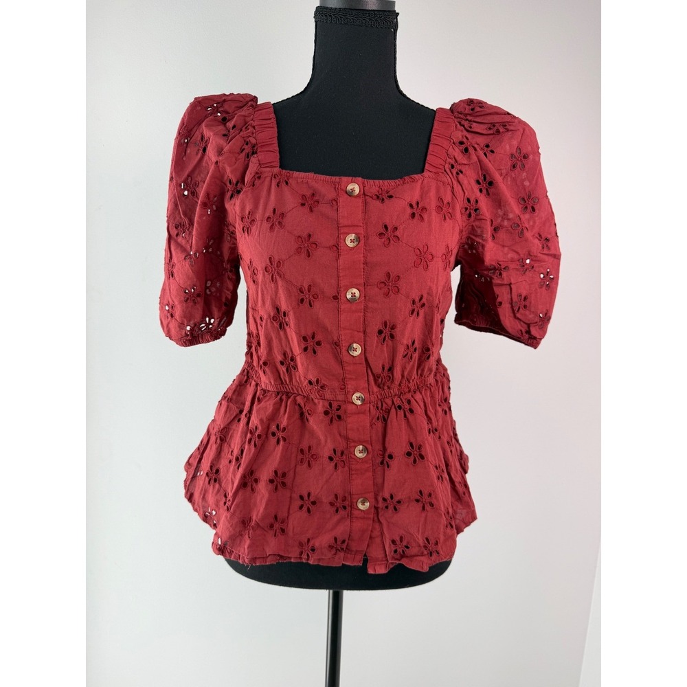 Cherry Eyelet Peplum Top Women's XS Puff Sleeve Square Neck Cottagecore L.O.V